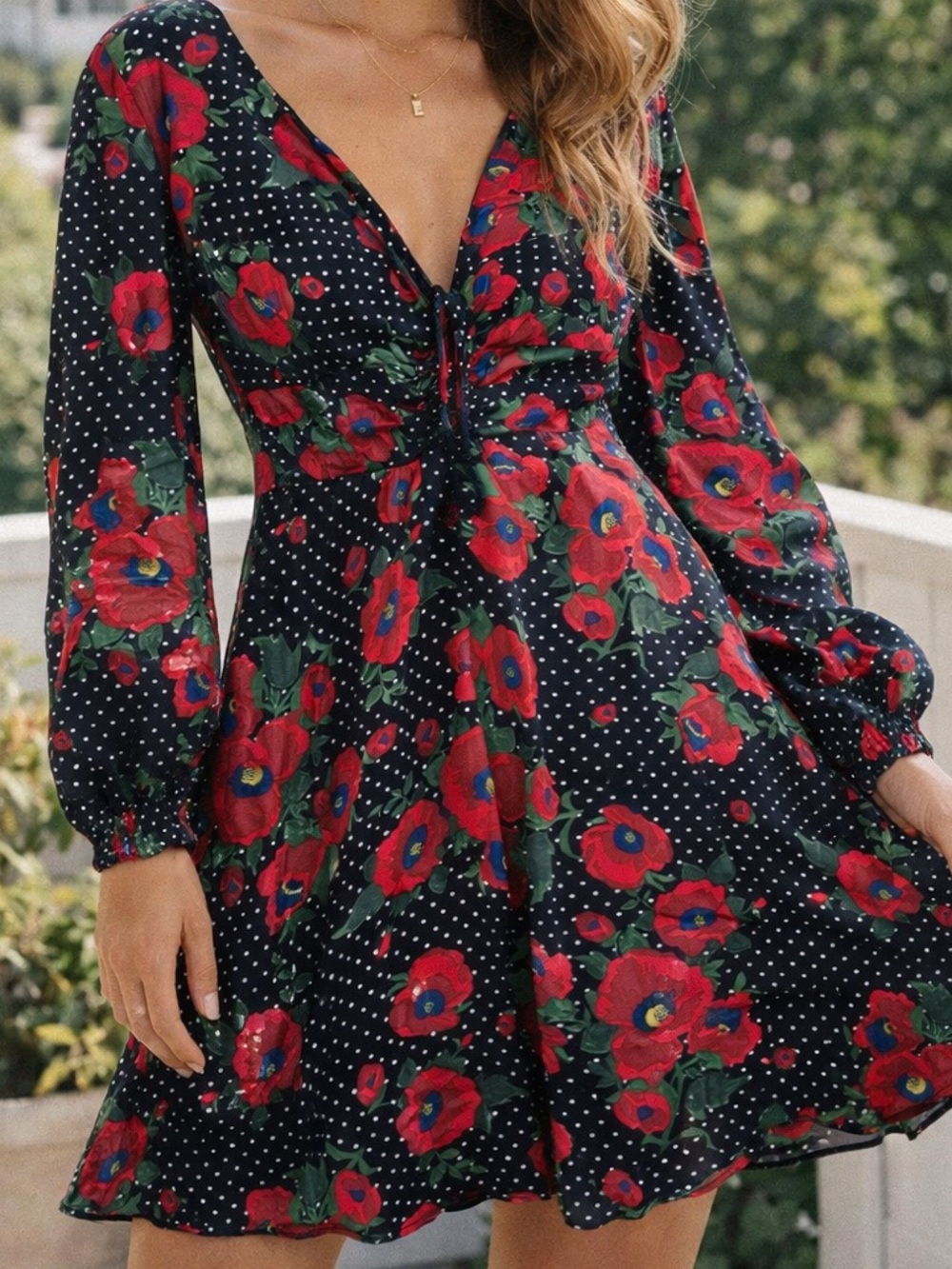 Free People Black Long-Sleeve V-Neck Dress with Red Floral Print